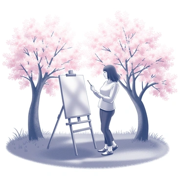 An artist stands in a sunlit garden, painting on a canvas. The artist is focused on the blossoming cherry trees in front of them. The delicate pink flowers of the cherry blossoms are in full bloom, contrasting with the dark trunks of the trees. The artist holds a brush in one hand, with the other hand resting on the edge of the canvas. Sunlight filters through the branches, casting intricate shadows on the ground. The garden is lush, with grass and a variety of plants surrounding the artist.