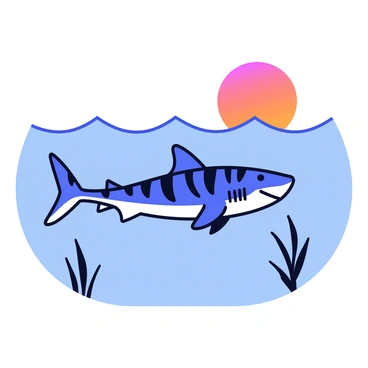 A tiger shark with distinctive dark stripes gliding through clear blue water. The shark is in a poised position, showing its sharp teeth as it prepares to hunt. The ocean surface reflects the warm orange and pink hues of the rising sun, which casts a gentle light on the water. The scene includes gentle waves, creating a sense of movement in the water surrounding the shark. Seagrass can be seen swaying on the ocean floor below the shark.