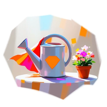 A whimsical watering can designed with superhero motifs, featuring bold colors like bright red and blue. The watering can has a large spout and a sturdy handle, embodying the silhouette of a classic superhero. A vibrant cape in a flowing fabric is draped over the back of the watering can, billowing slightly as if caught in a breeze. The cape is adorned with star patterns and a logo at the center that resembles a shield. The watering can is placed on a garden table surrounded by blooming flowers and potted plants, adding to the playful theme.