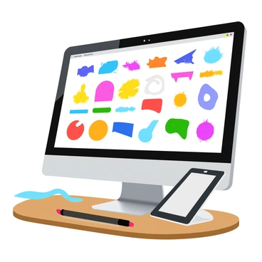 A close-up of a computer monitor displaying a vibrant interface filled with various digital brushes and tools for illustration. The screen shows a colorful array of brush shapes, including round, flat, and textured designs, alongside a palette of bright colors. The computer is positioned on a modern wooden desk with a sleek graphic tablet and stylus nearby. Soft light reflects off the screen, highlighting the intricate details of the digital tools.