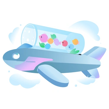 A car with metallic wings is soaring through the sky. It has a sleek design with vibrant colors and details on the fuselage. Attached to the car is a large, transparent glass tank that securely holds a variety of colorful fish swimming gracefully inside. The tank reflects the sunlight, creating shimmering patterns. Below them, fluffy white clouds can be seen floating in the blue sky, adding to the sense of height and adventure.