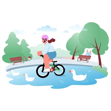 A child is riding a balance bike alongside a pond. The child is wearing a bright-colored helmet and has a focused posture as they balance on the bike. Around the pond, several ducks are swimming gracefully on the water's surface. There are lush green trees lining the edge of the pond, and a few park benches are visible in the background. The atmosphere is lively with the presence of other park-goers in the distance.