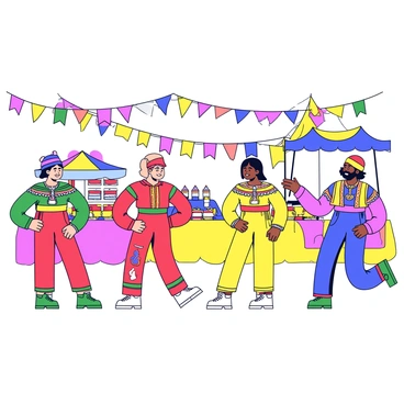 A vibrant cultural festival scene is depicted. People are wearing colorful costumes with intricate patterns and designs. Each costume displays a variety of bold colors, including bright reds, yellows, blues, and greens. Decorations are hanging overhead, featuring colorful banners and flags fluttering in the breeze. In the background, there are festive stalls with bright tablecloths filled with traditional food and drinks. The atmosphere is lively, with individuals dancing and enjoying the celebration.