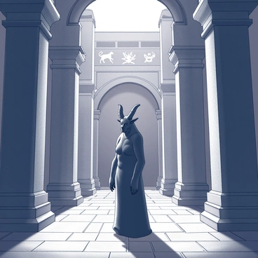 A figure of Baphomet stands prominently in the center of an ancient temple. The temple features towering stone walls adorned with intricate carvings depicting various mythological symbols and scenes. Shadows from the flickering torches illuminate the detailed artwork, creating a striking contrast with the dark stone. The floor is made of aged stone slabs, worn smooth over time. Above, there are high arched ceilings, adding to the grandeur of the space.