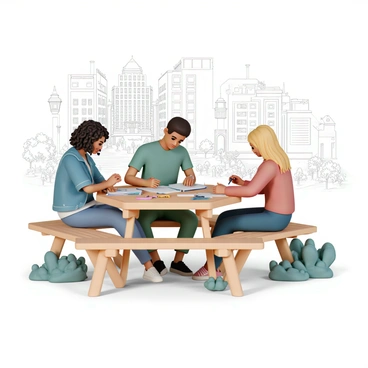 A group of three artists is seated at a wooden picnic table, each focused on their own sketchbooks. The first artist, a woman with curly black hair, is wearing a blue denim jacket and is drawing a busy street scene filled with people. The second artist, a man with short brown hair, is wearing a green t-shirt and is sketching a tall building with large windows. The third artist, a woman with long straight blonde hair, is wearing a red sweater and is capturing a park scene with trees and people walking. In the background, there are urban elements such as brick buildings, street lamps, and patches of greenery. Each artist has a variety of colored pens and pencils scattered across the table.