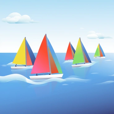 A fleet of sailboats with vibrant red, blue, yellow, and green sails is racing across a sparkling blue sea. The sailboats are cut through the water, creating white foam trails behind them. The sunlight reflects off the surface of the sea, creating a shimmering effect. In the distance, the horizon meets the sky, which is a clear blue with a few fluffy white clouds scattered throughout. The scene captures the excitement and energy of the race as the sailboats lean into the wind.