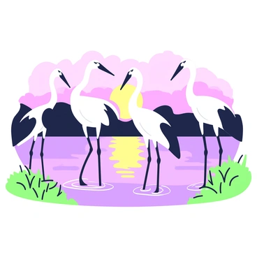Silhouettes of cranes are standing in shallow water during sunset. The cranes are tall and elegant, with long legs and slender necks, poised gracefully against the horizon. The water reflects the outlines of the cranes, creating a mirrored effect. The sky is filled with shades hinting at the transition from day to night, with a glow emanating from the background. The area around the water is lined with sparse vegetation, providing a natural frame to the scene. The cranes appear peaceful, their positions suggesting a moment of calm before the night falls.
