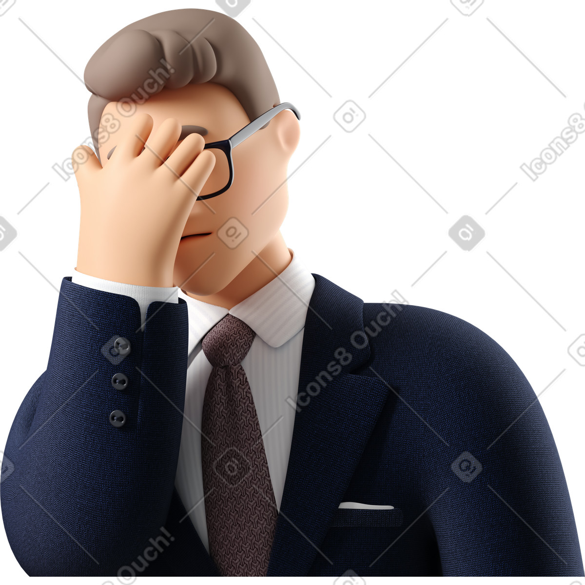 下载 3D Business 风格的 Close up of businessman in dark blue suit facepalming 插画，支持 PNG、SVG 格式