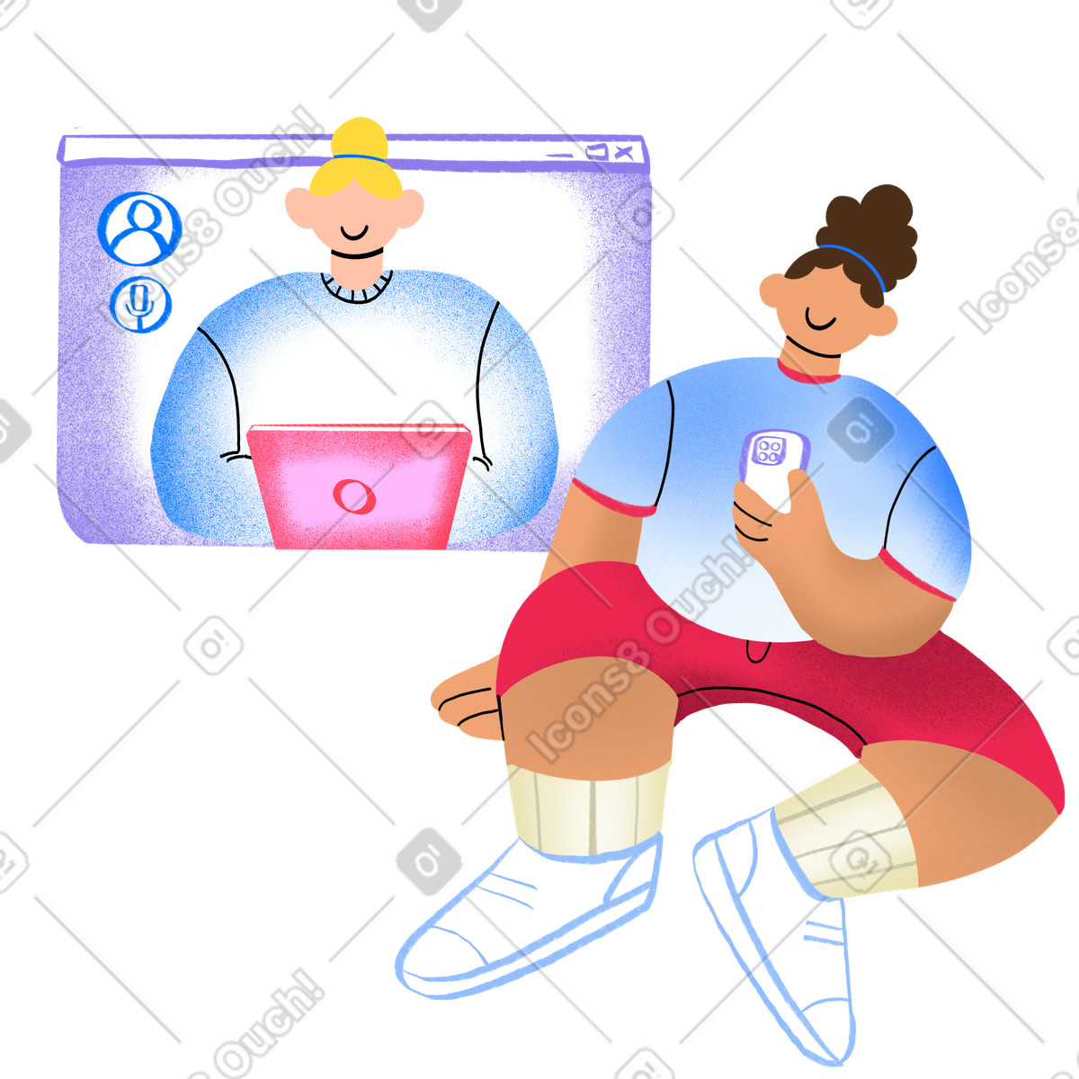 Two people talking via video illustration in Bonny style download in PNG, SVG