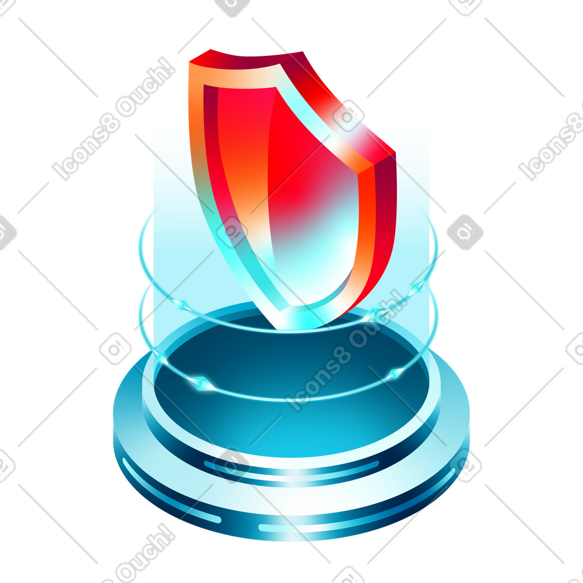 Futuristic shield floating above platform, Cyber defense and data privacy animated illustration in GIF, Lottie (JSON), AE
