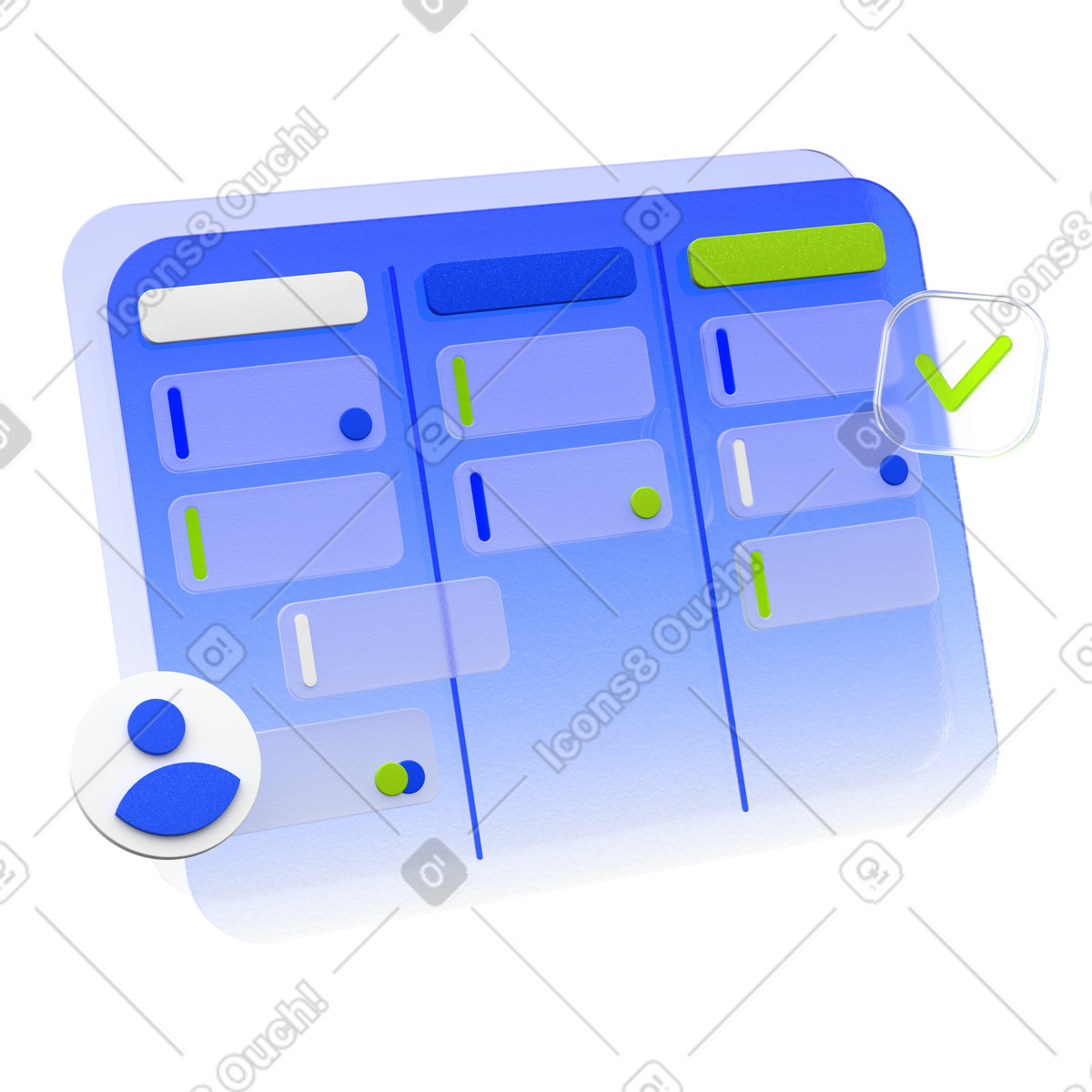 Task management, Kanban board interface with user icon and check mark, Project progress tracker illustration in PNG, SVG