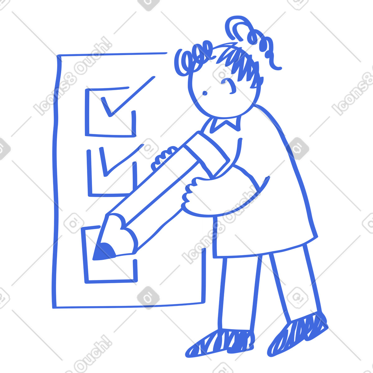 Checklist character marking tasks with oversized pencil and large boxes illustration in Ballpoint Pen style download in PNG, SVG