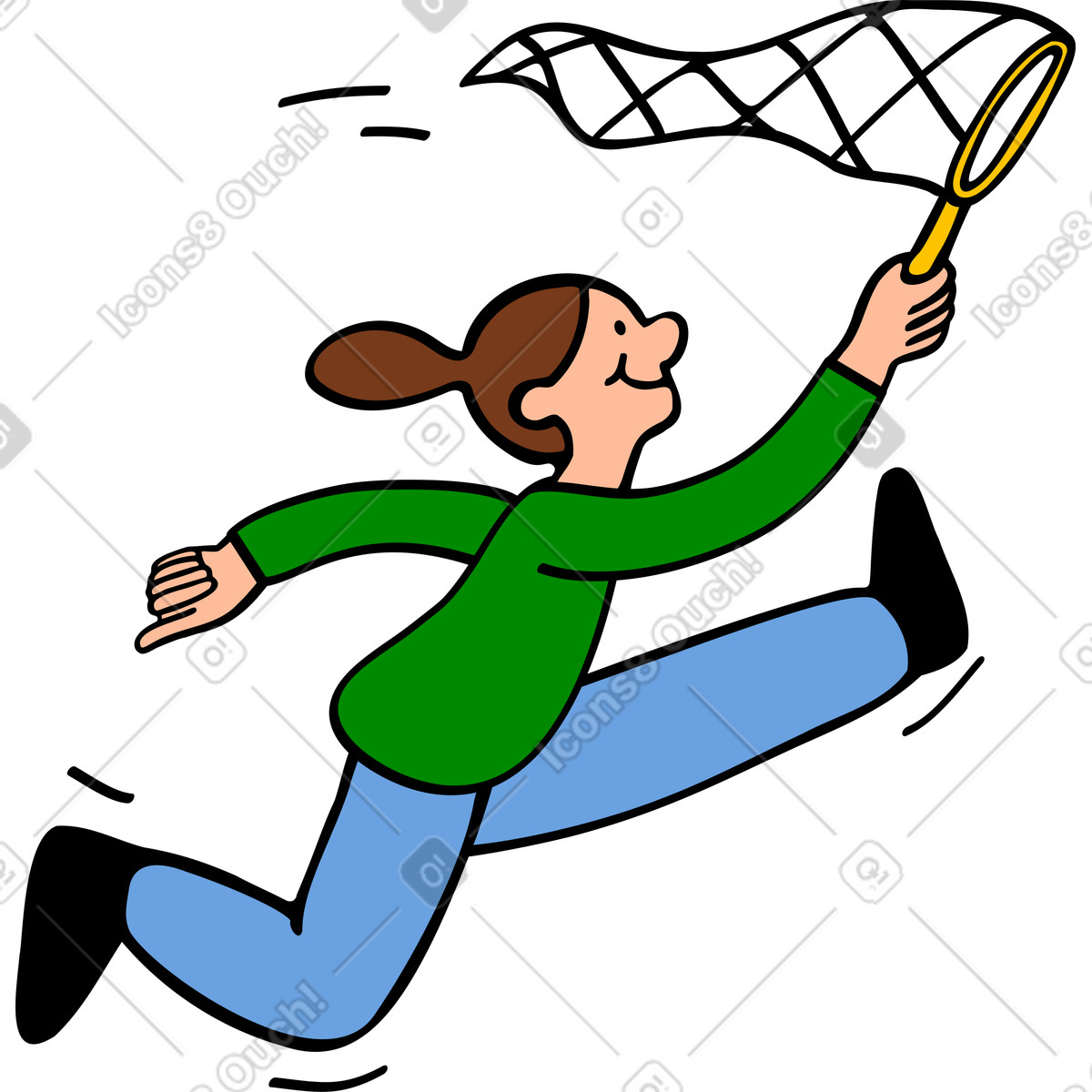 Ilustración Mujer joven corriendo con una red para mariposas en estilo Comic a descargar en PNG y SVG
