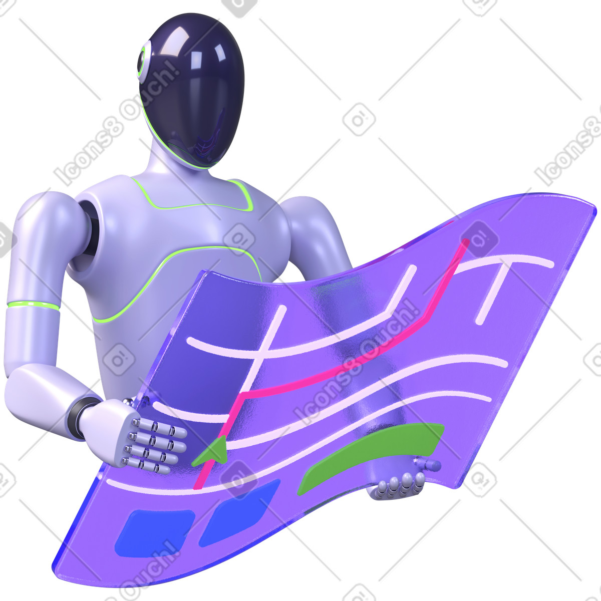 Illustration Planification de la feuille route l'ia, robot futuriste avec carte numérique, concept d'innovation et stratégie dans le style 3D Boost à télécharger aux formats PNG, SVG