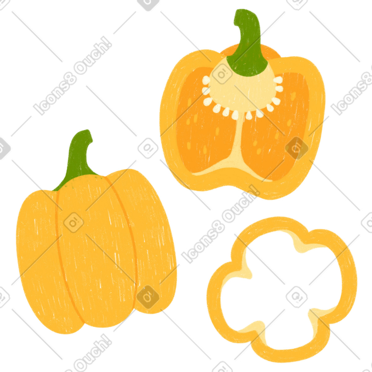 Ilustração de Pimentão amarelo, metade um e uma rodela em no estilo Cozy para baixar em PNG, SVG