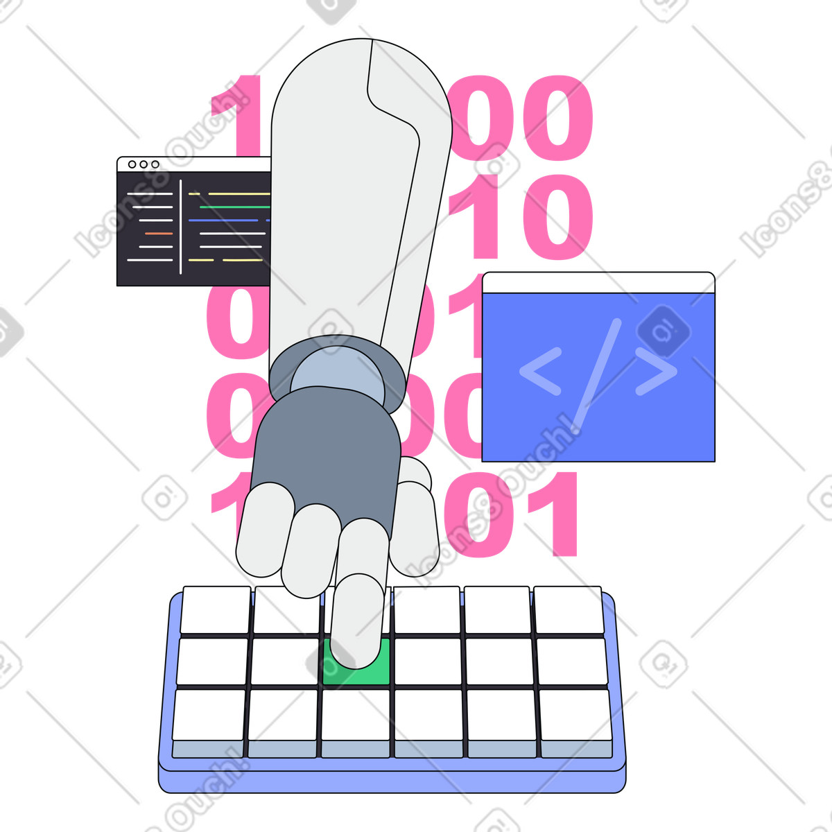 Robot hand typing on keyboard, AI powered software engineering automation illustration in Teko style download in PNG, SVG