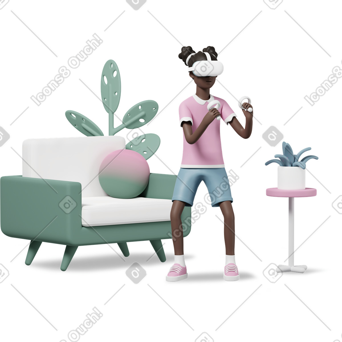 3D Casual life 스타일의 Girl with vr headset playing video games at home 일러스트레이션 PNG, SVG 다운로드