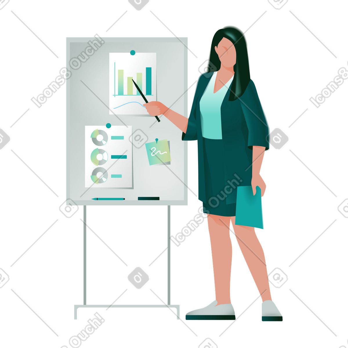 Giving data report with graphs, Office presentation and strategy review illustration in PNG, SVG