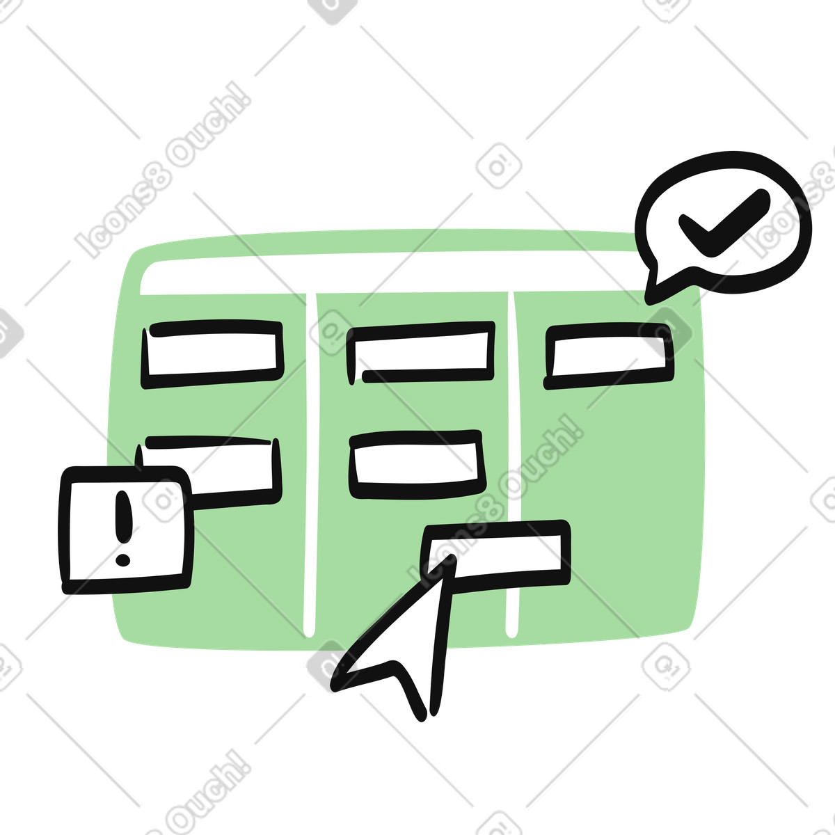 Kanban board columns with task cards cursor and checkmark speech bubble illustrazione in stile Organic scarica in PNG, SVG