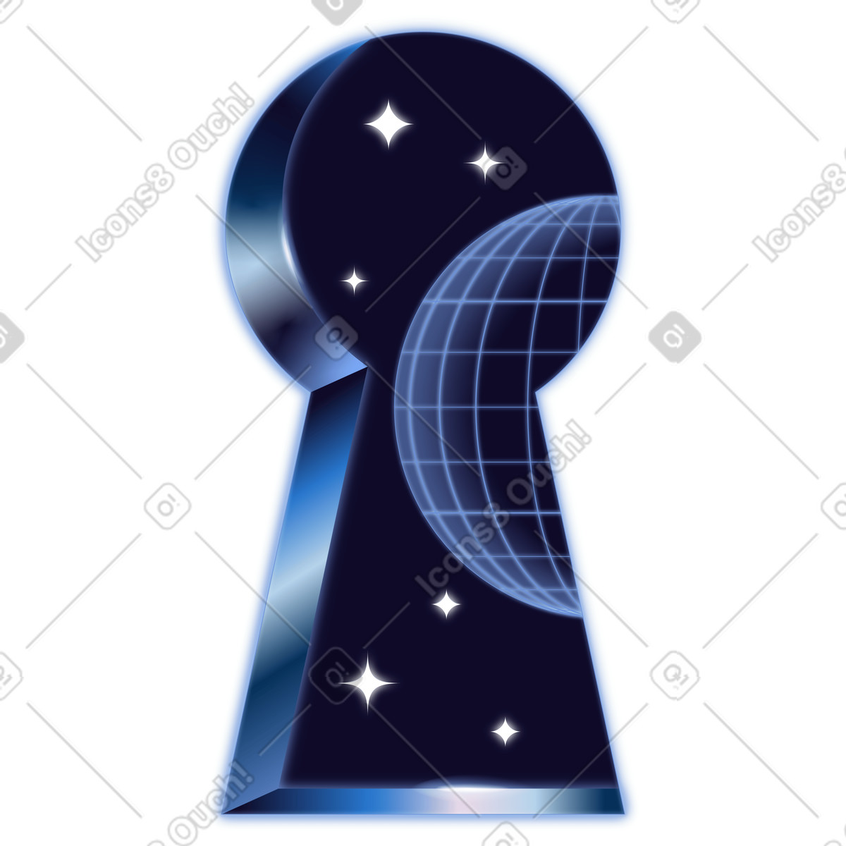 Keyhole with stars and wireframe globe, secure login network access illustration in Dimension style download in PNG, SVG