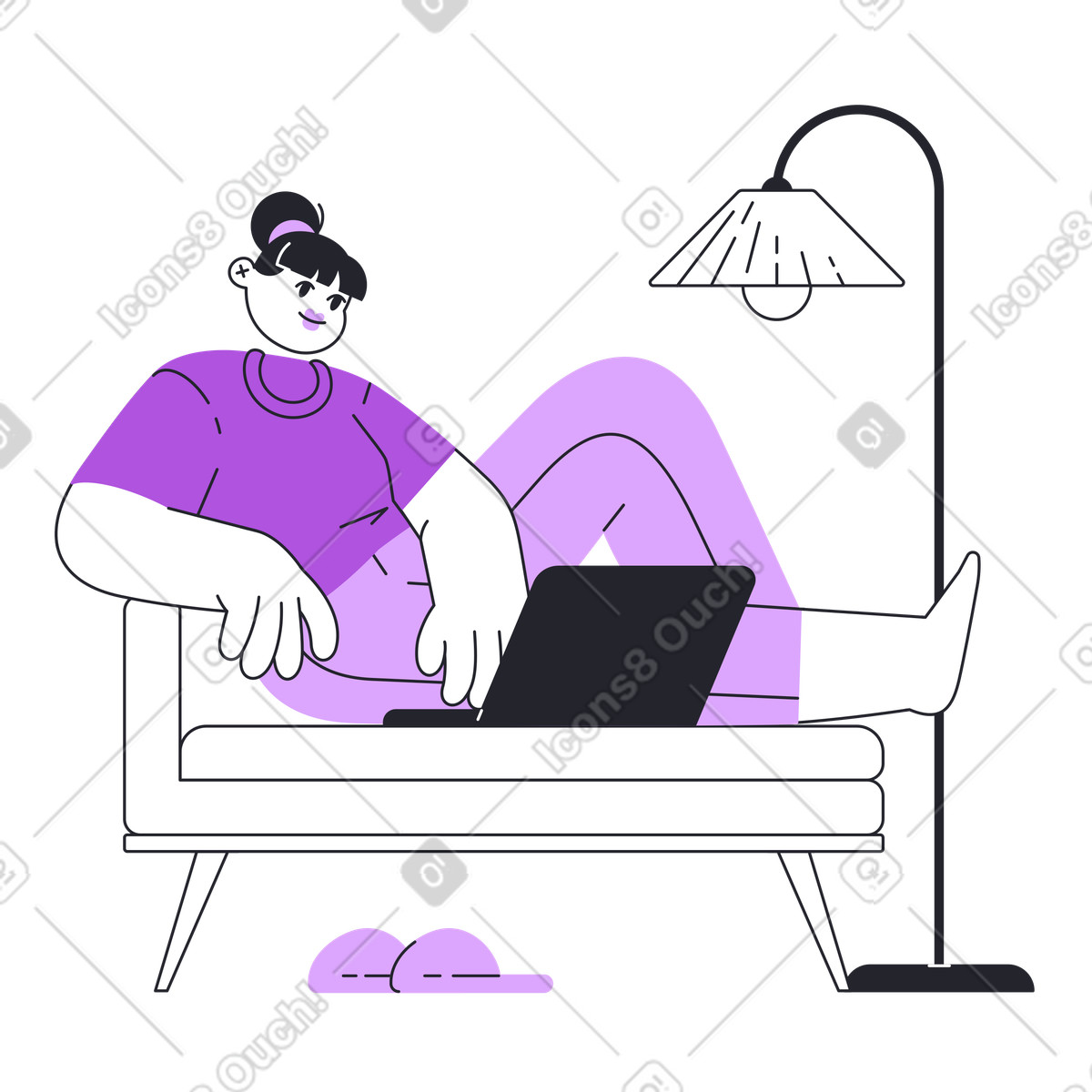 Illustration Person working at laptop on cozy couch, home office in living room dans le style Grapy à télécharger aux formats PNG, SVG