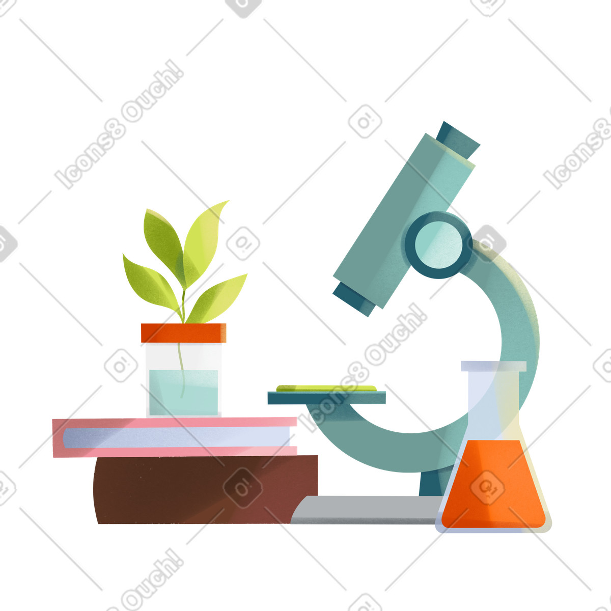 Microscope with plant specimen in beaker, Biology or chemistry education illustrazione stile Shine scarica PNG, SVG