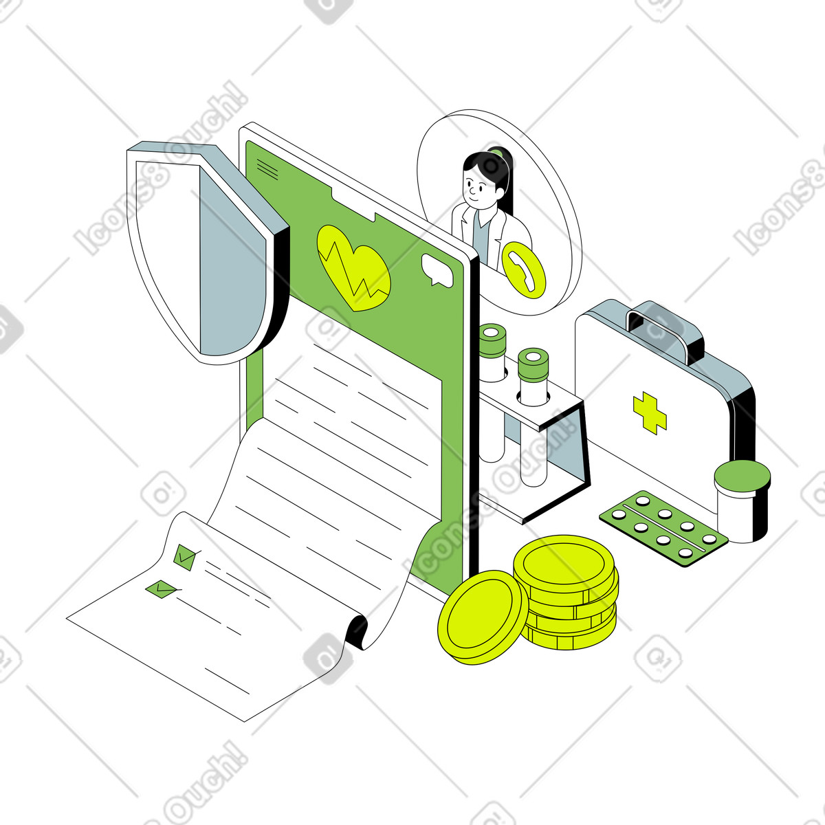 Krankenversicherung für die gesamtversorgung-Illustration im Isometric-Stil als Download in PNG, SVG