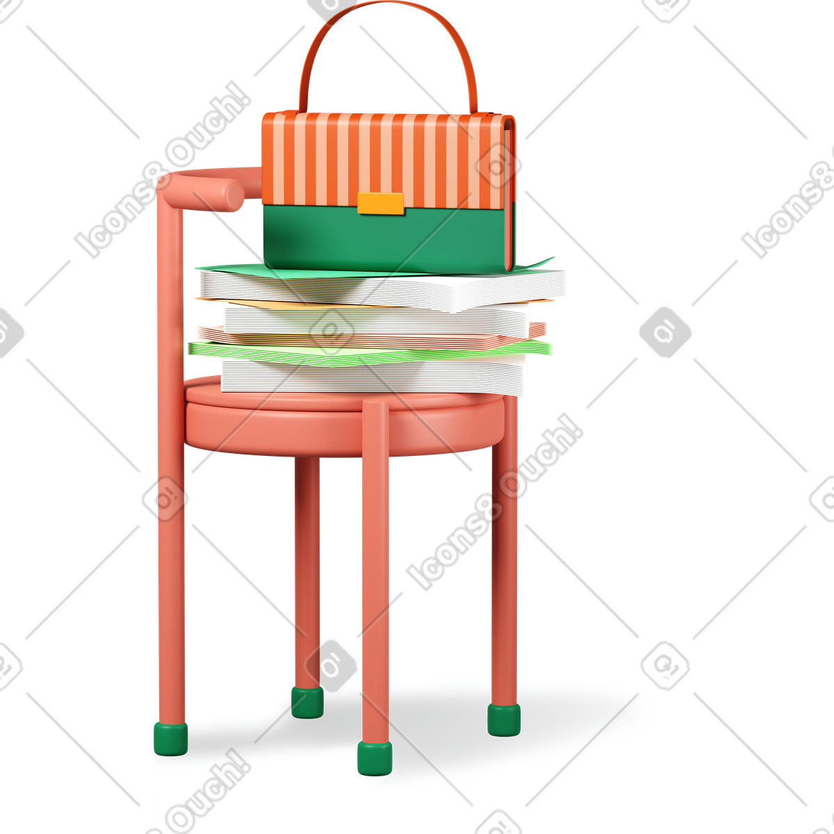 Chair with paper and bag illustrazione in stile 3D Plastic people scarica in PNG, SVG