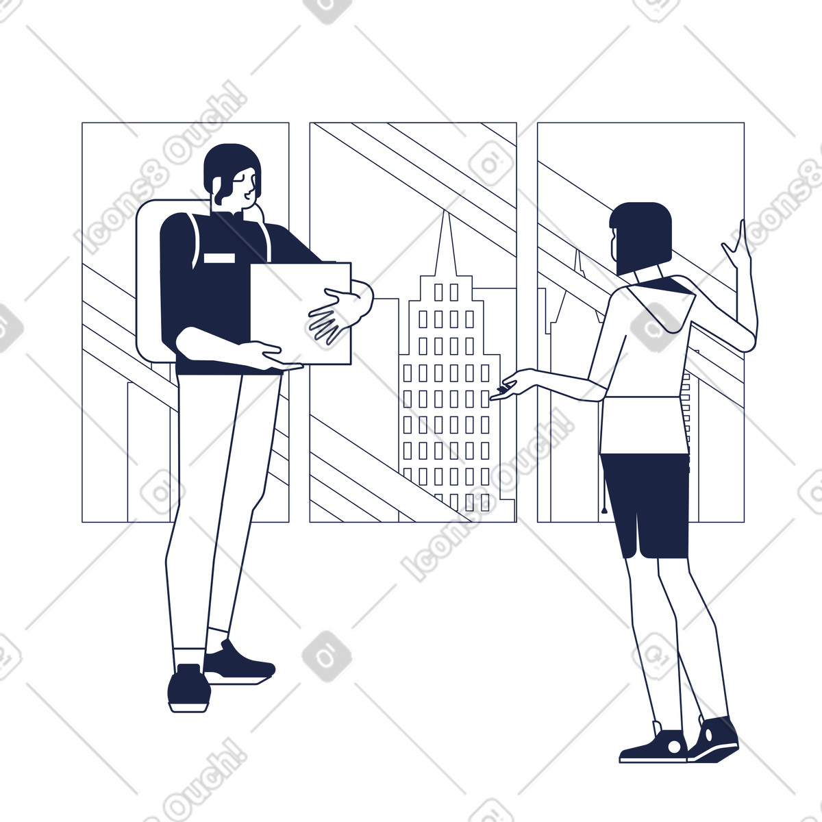 下载 Urban Line 风格的 女人与送货员见面并下订单 插画，支持 PNG、SVG 格式
