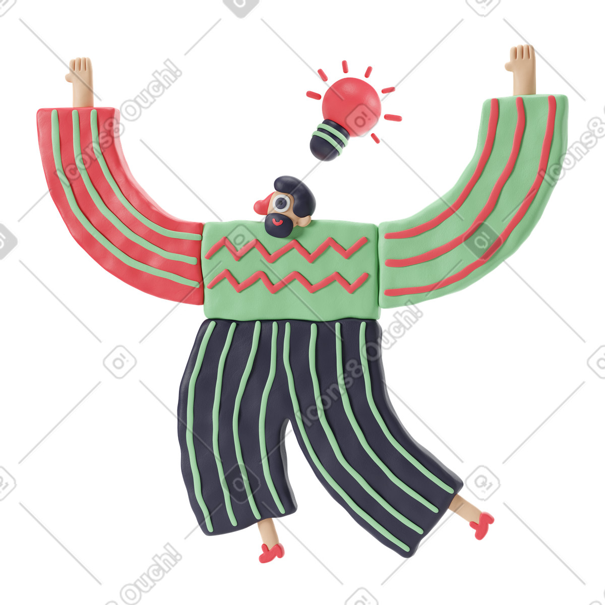 Illustration Homme rebondissant avec enthousiasme une idée brillante dans le style 3D Stripy à télécharger aux formats PNG, SVG