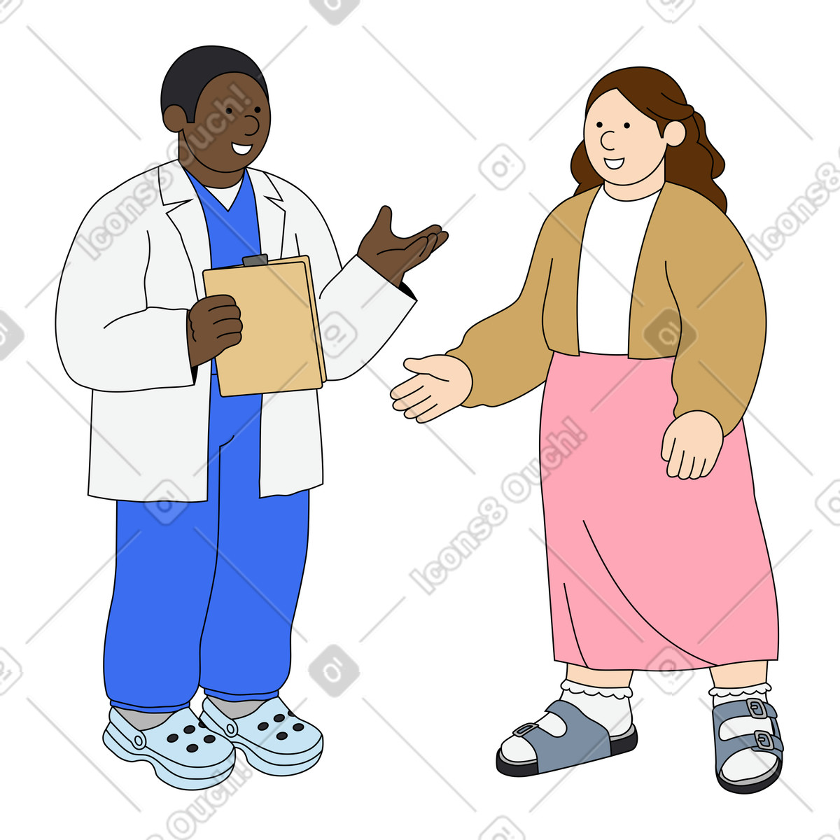 Illustration Consultation avec un médecin dans cabinet médical. patient et professionnel de santé discutant du traitement. le style Kindy à télécharger aux formats PNG, SVG