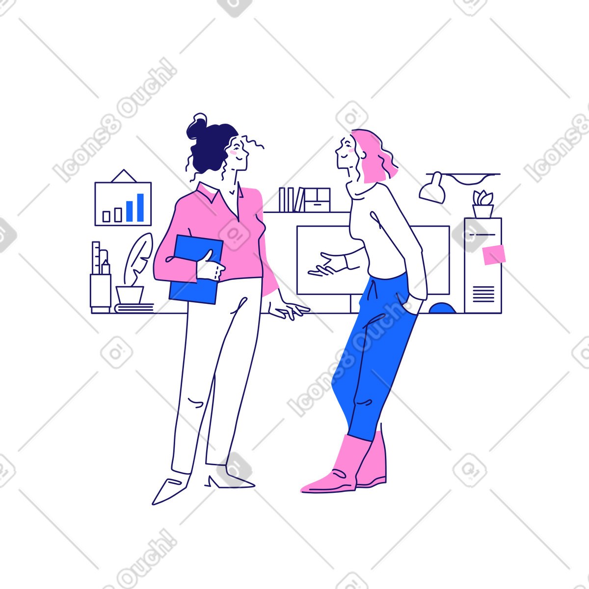 Matey スタイルの 仕事について話しているオフィスの2人の女性 のイラストをPNG、SVG形式でダウンロード