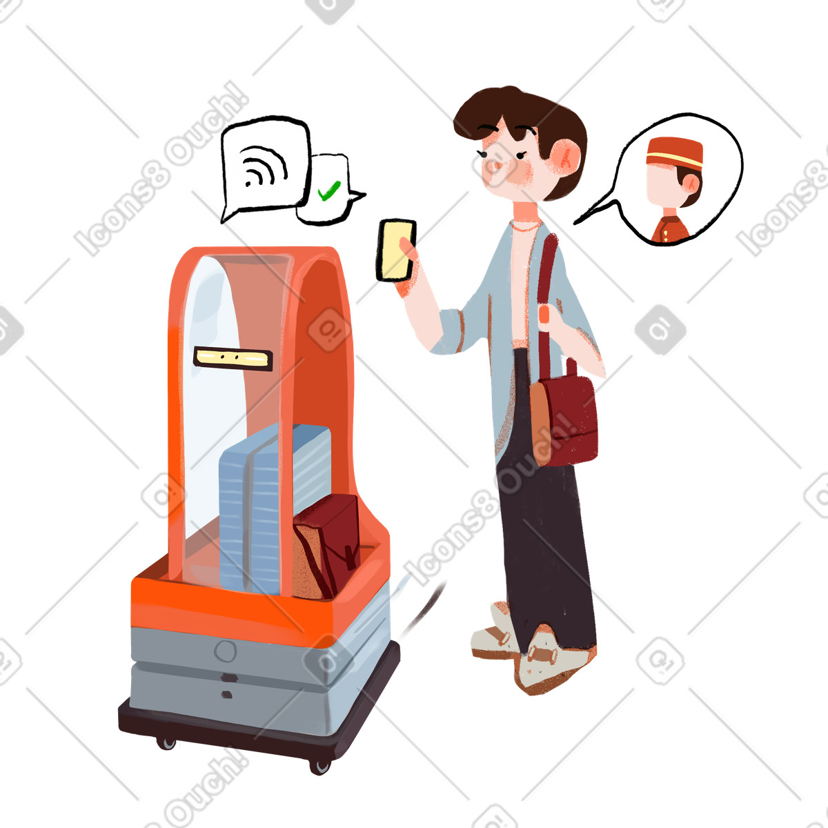 Robot concierge carries a hotel guest's luggage illustration in Ikigai style download in PNG, SVG