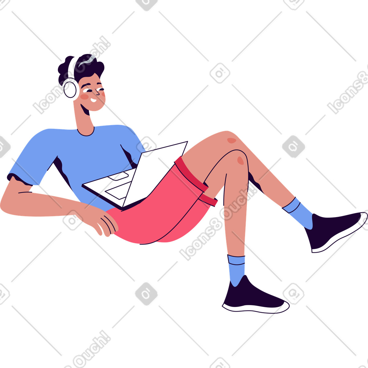 Ilustración Chico mentiroso en auriculares con laptop estilo Martina a descargar PNG y SVG
