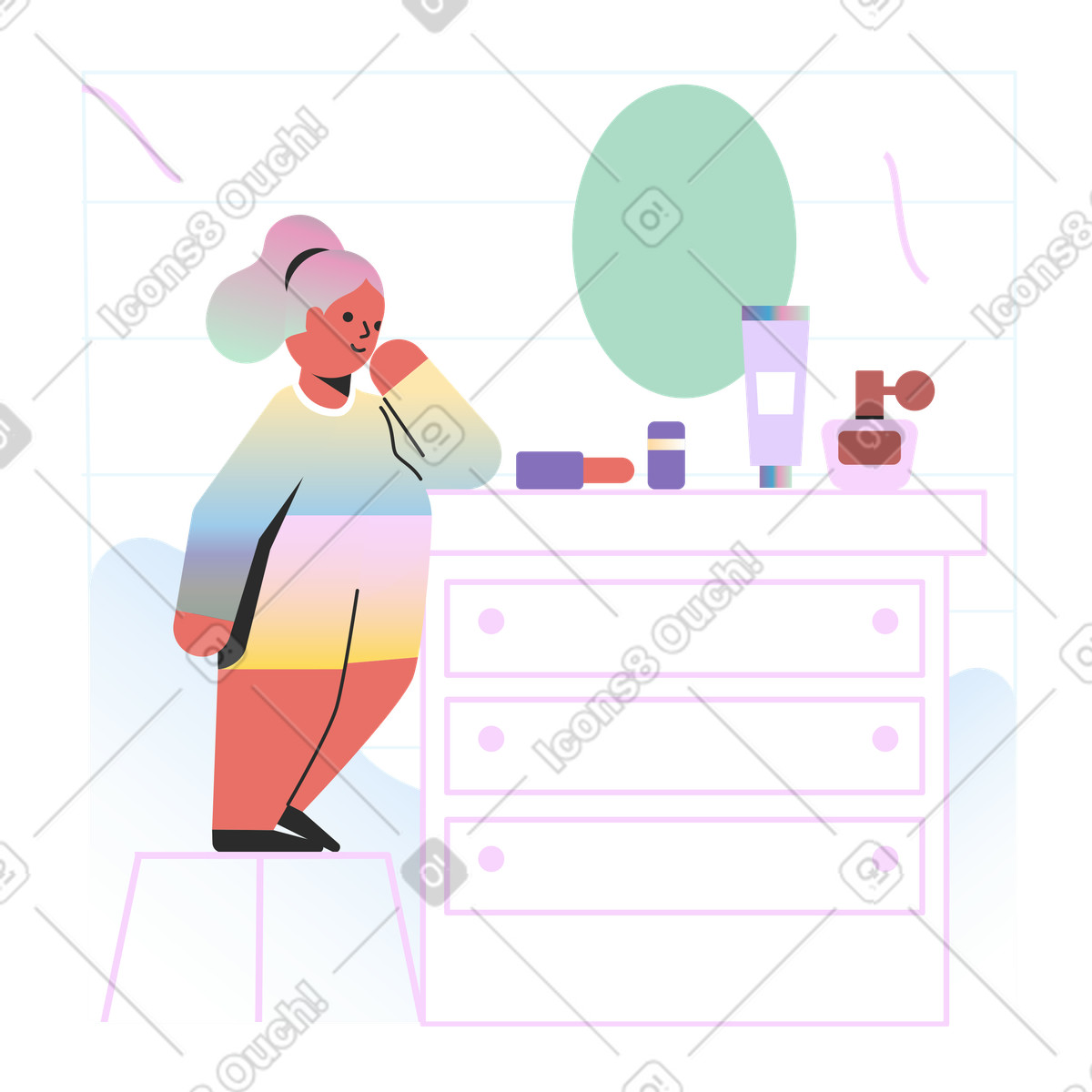 Illustration Fille regardant les cosmétiques de maman dans le style Marginalia à télécharger aux formats PNG, SVG