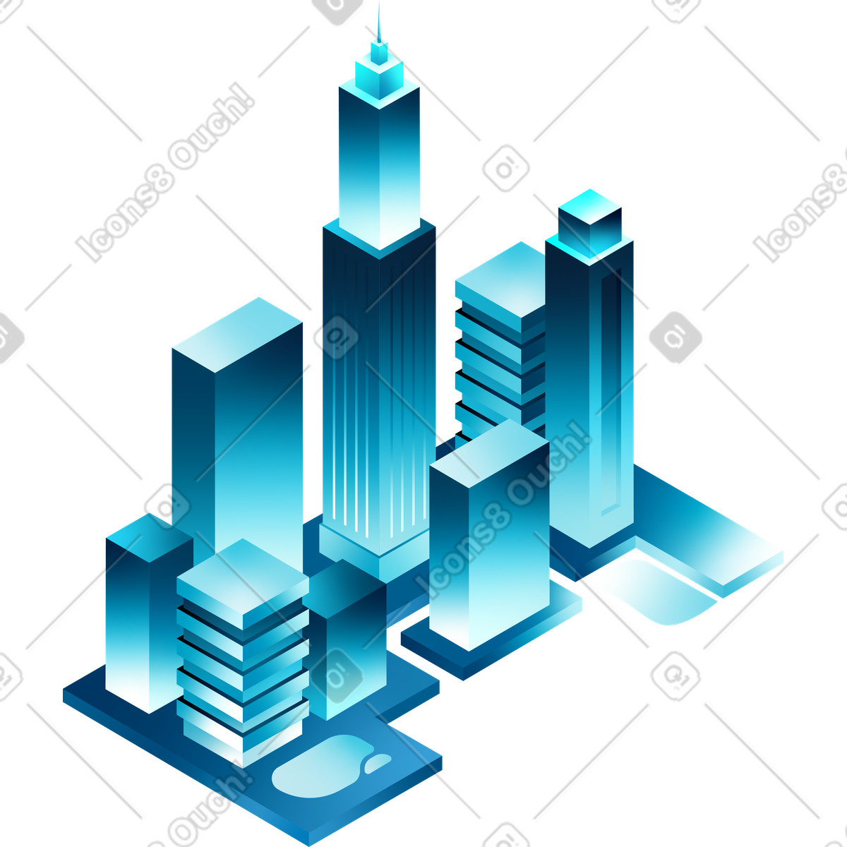 Gradient isometric blue city illustration in PNG, SVG