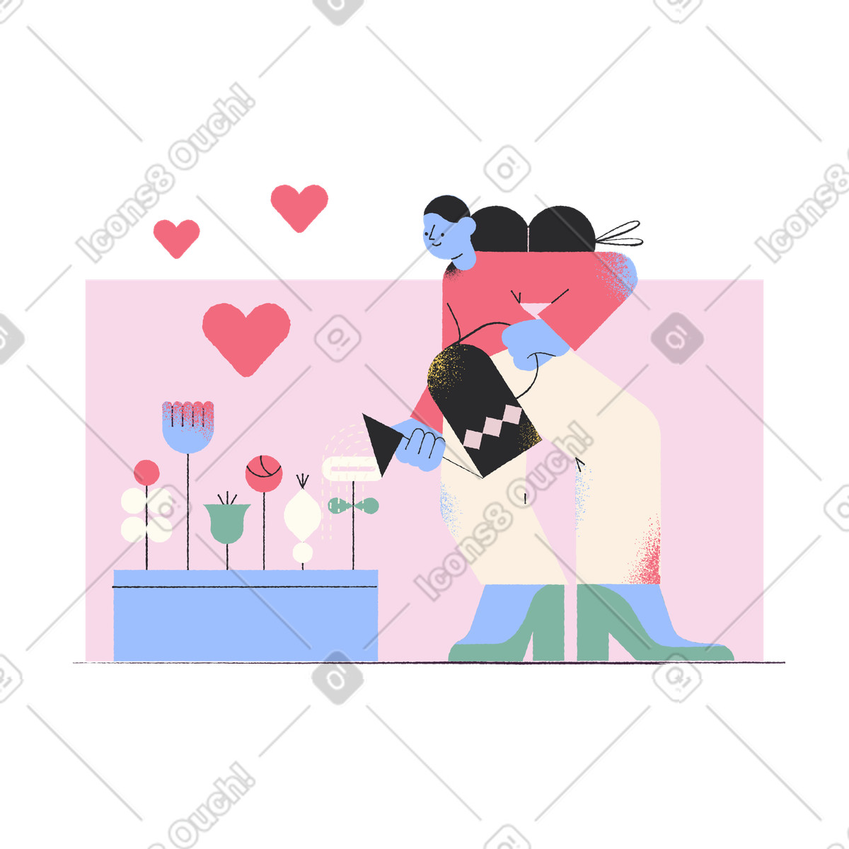 Ilustração de Mulher regando plantas no jardim em estilo Pablo para baixar em PNG, SVG