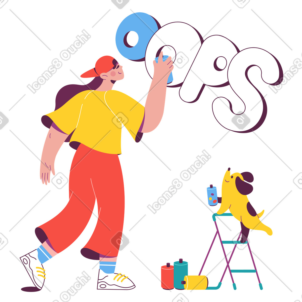 Junge frau sprüht „ups“-text-Illustration im Sammy-Stil als Download in PNG, SVG