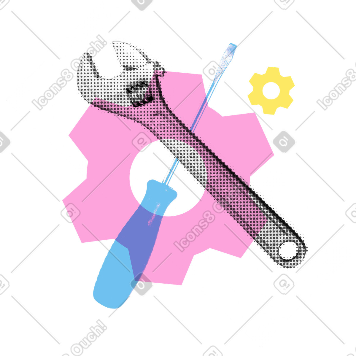 Adjustable wrench and screwdriver on gear wheels background illustration in PNG, SVG