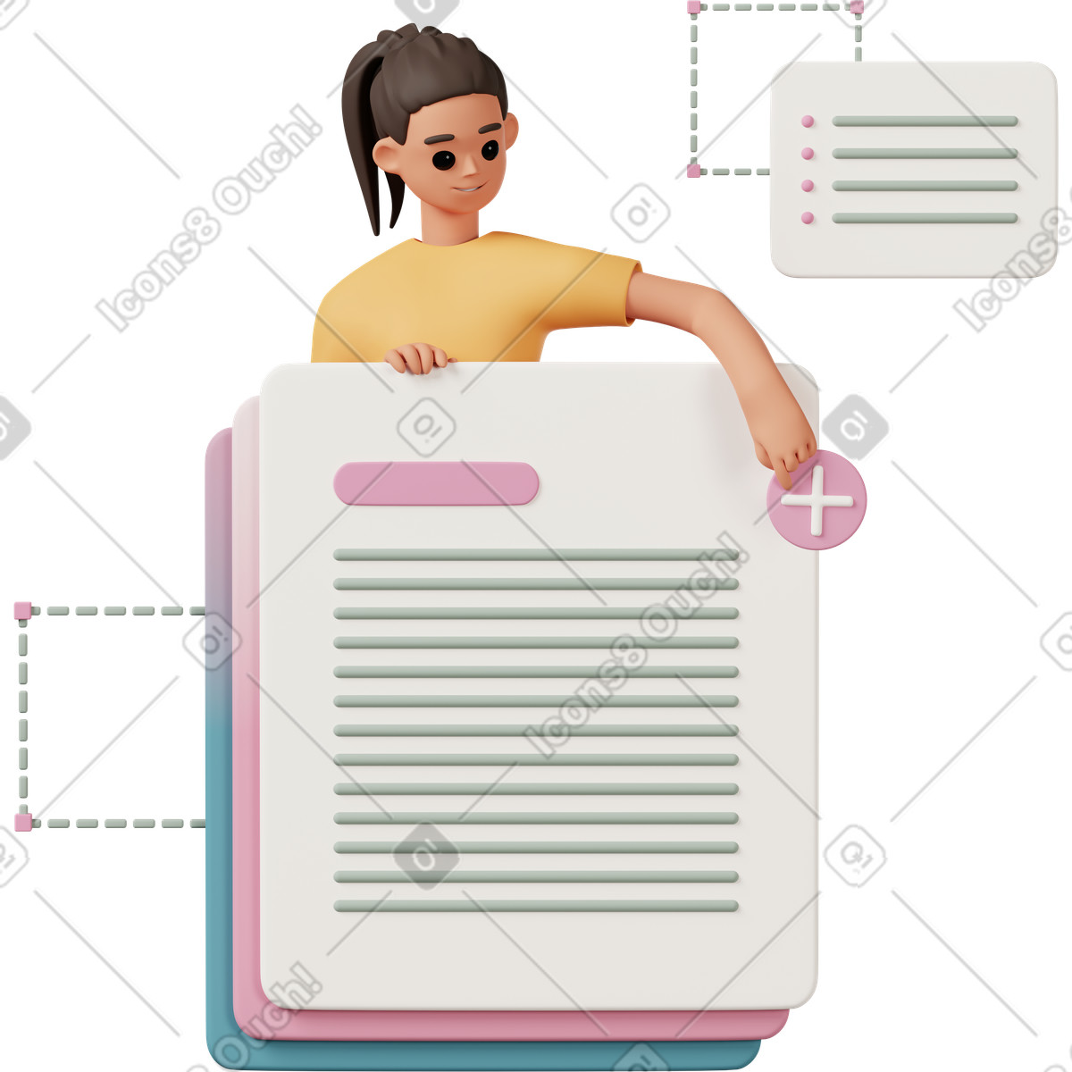 Ilustração de Young woman pointing on new document button em no estilo 3D Casual life para baixar em PNG, SVG