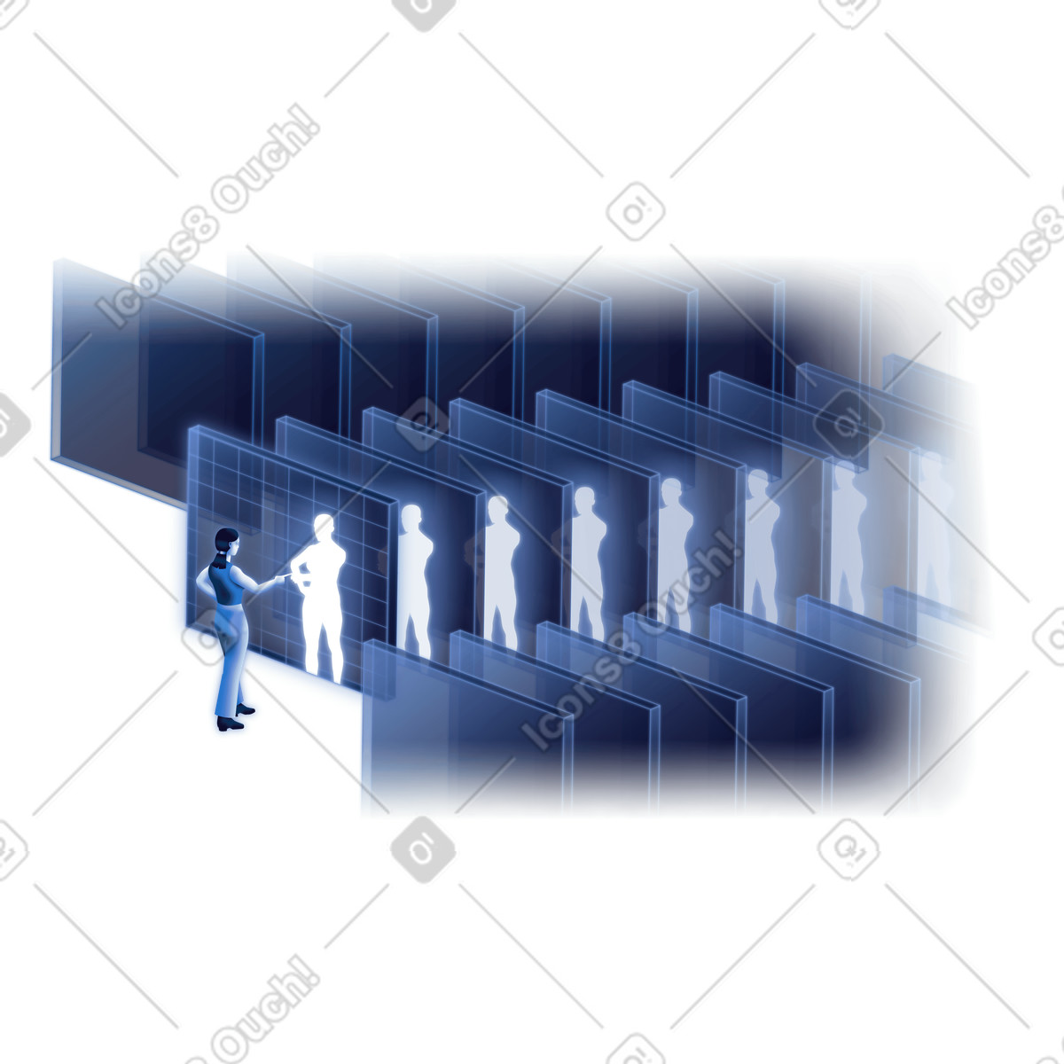 Digital persona mapping, Multiple human silhouettes across panels illustration in Dimension style download in PNG, SVG