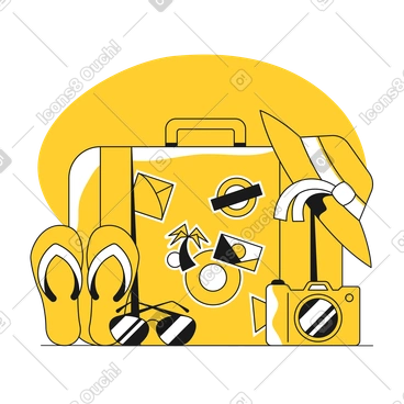 Travel luggage with sunglasses, flip flops and camera PNG, SVG