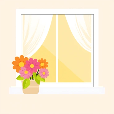 A window sill bathed in warm sunlight features a small pot containing vibrant gerbera daisies with bright pink and orange blooms. The daisies have large, layered petals and green leaves surrounding their base. A light, sheer curtain flutters gently in the breeze beside the window, creating a soft atmosphere. The window frame is painted white, contrasting beautifully with the colorful flowers.
