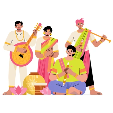 A group of musicians is performing with traditional instruments in a vibrant setting. One musician is playing a sitar with intricate patterns on its body, another is skillfully handling a tabla with rhythmic precision, and a third is blowing into a flute with a joyful expression. In the foreground, "Goddess Lakshmi" is depicted with a radiant smile, adorned with golden jewelry and a richly colored saree. She is seated gracefully, surrounded by blooming lotus flowers, her eyes reflecting the joy of the music. The musicians are captured in mid-performance, fully engaged in the melody, creating a lively atmosphere filled with harmony.