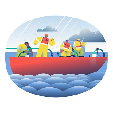 A fuel barge crew is actively working on a large barge in the midst of heavy rain. The crew members are wearing bright yellow raincoats with reflective strips for visibility. They are engaged in various tasks, such as securing hoses and checking equipment. Raindrops are visibly splashing on the surface of the barge, creating small ripples. In the background, dark, stormy clouds loom overhead, and the water is choppy, reflecting the turbulent weather. The crew members are focused and determined, bracing against the wind as they continue their work.