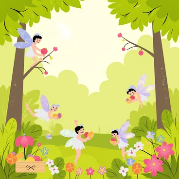 A lush green forest filled with tall trees and vibrant plants serves as the backdrop. Several small fairies with iridescent wings are scattered throughout the scene, each fairy holding tiny fruits and nuts. One fairy with shimmering blue wings is perched on a branch, carefully picking a bright red berry. Another fairy, with glittering purple wings, hovers near a cluster of acorns, collecting them in a tiny woven basket. Sunlight filters through the leaves, creating a dappled effect on the forest floor where various colorful flowers bloom. The atmosphere is lively with fluttering wings and cheerful expressions as the fairies prepare for their festive celebration.