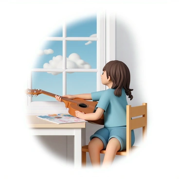 A young girl, wearing a blue t-shirt and denim shorts, is sitting on a wooden chair with a brown acoustic guitar resting on her lap. Her long, wavy brown hair cascades over one shoulder as she gazes out a large window beside her, lost in thought. Soft sunlight filters through the window, casting gentle shadows on her face. A few colorful music sheets are scattered on a table next to her, hinting at her creative process. Outside the window, a clear blue sky can be seen, with a few fluffy white clouds drifting by.