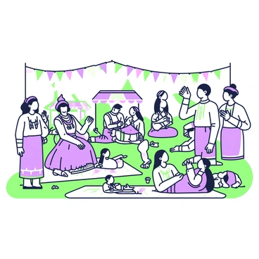 A lively cultural festival scene unfolds, with a diverse group of people gathered in a spacious outdoor area. The attendees are wearing a variety of traditional garments, showcasing vibrant patterns and rich textures. In the background, musicians are playing traditional instruments, including drums and flutes, while dancers perform in intricate movements that tell a story. Some people are seated on picnic blankets, engrossed in the music, while others stand and clap along to the rhythm. Colorful banners and flags hang above the crowd, adding to the festive atmosphere. Small food stalls are visible in the background, where festival-goers are enjoying traditional dishes.