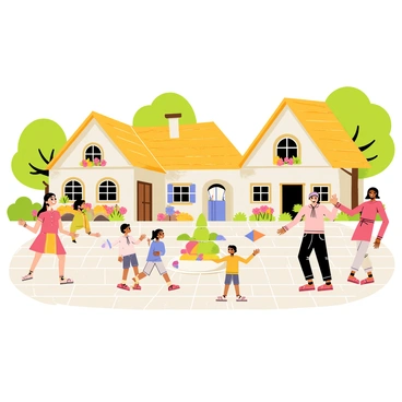 A quaint village scene with charming cottages made of stone and wood, featuring thatched roofs. Several children are playing joyfully in the cobblestone streets, some are playing hopscotch while others are flying colorful kites. Friendly villagers, dressed in simple, traditional clothing, are interacting with the children, smiling and waving. Lush green trees line the streets, and flowers in vibrant colors bloom in front of the houses, adding to the lively atmosphere. A small fountain in the village square creates a focal point where some villagers gather.