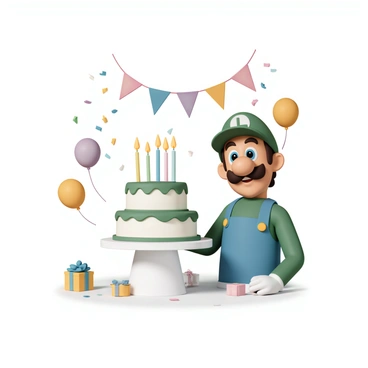 A character resembling "Luigi," wearing a green cap, a blue shirt, and blue overalls, is standing next to a large round birthday cake with green frosting and three lit candles on top. Colorful party decorations such as balloons and streamers are hanging in the background. There are confetti scattered on the table, and a big smile is on Luigi's face as he prepares to blow out the candles. A few wrapped presents can be seen on the table, completing the festive atmosphere.